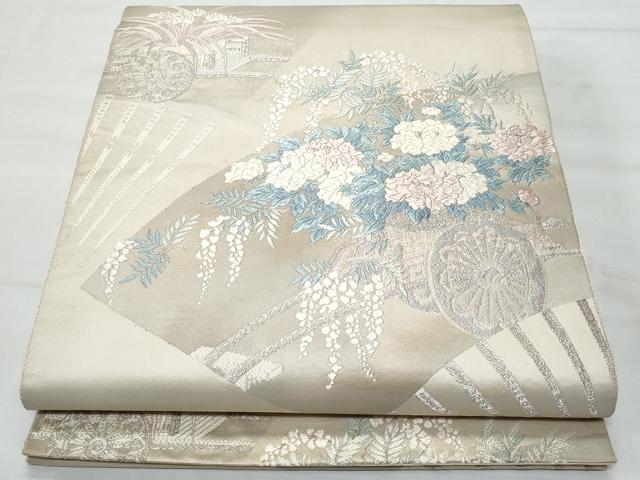 平和屋着物◎六通柄袋帯 扇面花車文 銀糸 正絹 逸品 CABA7953fb