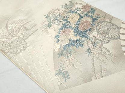 平和屋着物◎六通柄袋帯 扇面花車文 銀糸 正絹 逸品 CABA7953fb