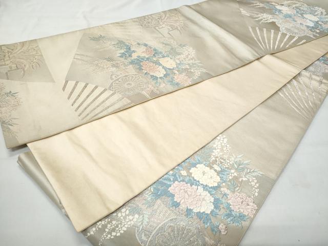 平和屋着物◎六通柄袋帯 扇面花車文 銀糸 正絹 逸品 CABA7953fb