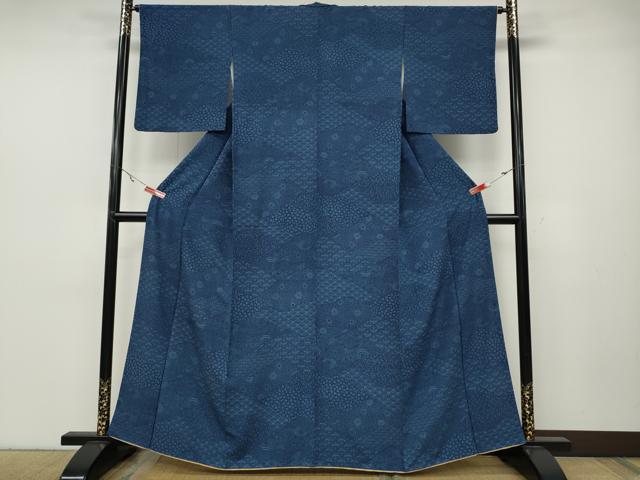 平和屋着物●上質な小紋 藍 型染め 菊草花文 正絹 逸品 CABA8013ut