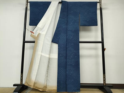 平和屋着物●上質な小紋 藍 型染め 菊草花文 正絹 逸品 CABA8013ut