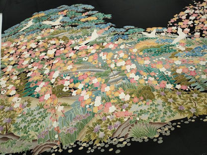 平和屋着物●豪華黒留袖　友禅　作家物　飛鶴風景草花文　正絹　逸品　CABA8024ut