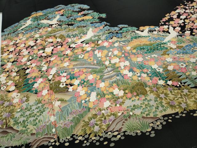 平和屋着物●豪華黒留袖　友禅　作家物　飛鶴風景草花文　正絹　逸品　CABA8024ut