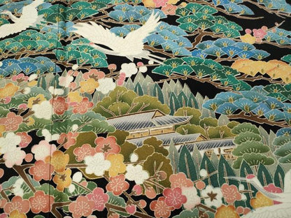 平和屋着物●豪華黒留袖　友禅　作家物　飛鶴風景草花文　正絹　逸品　CABA8024ut