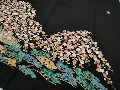 平和屋着物●豪華黒留袖　友禅　作家物　飛鶴風景草花文　正絹　逸品　CABA8024ut