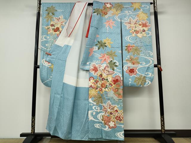 平和屋着物●創業460年・千總　振袖　駒刺繍　流水草花文　金彩　正絹　逸品　CABA8040ut