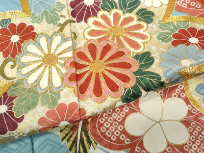 平和屋着物●創業460年・千總　振袖　駒刺繍　流水草花文　金彩　正絹　逸品　CABA8040ut