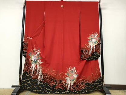 平和屋着物●豪華振袖　舞蝶花車文　金彩　洗える着物　CABA8101ut