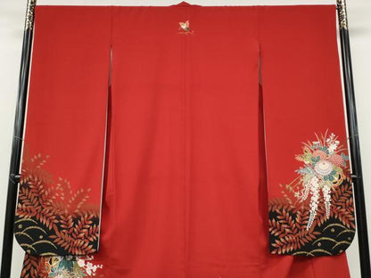 平和屋着物●豪華振袖　舞蝶花車文　金彩　洗える着物　CABA8101ut