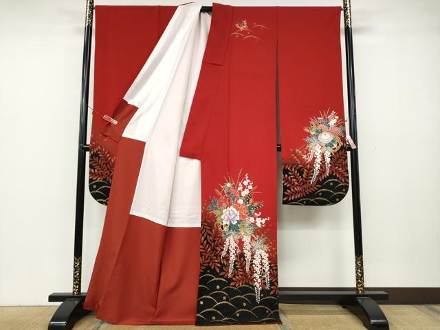 平和屋着物●豪華振袖　舞蝶花車文　金彩　洗える着物　CABA8101ut