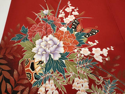 平和屋着物●豪華振袖　舞蝶花車文　金彩　洗える着物　CABA8101ut