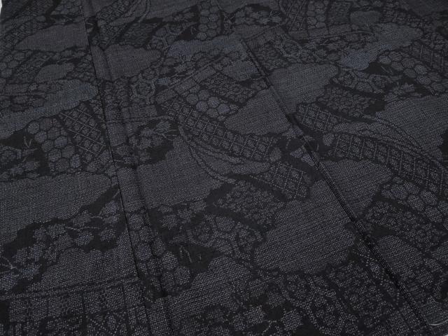 平和屋着物▽本場結城紬　重要無形文化財　単衣　100亀甲　舞葉文　正絹　逸品　AABE0718jh 平和屋着物○本場結城紬 重要無形文化財 正倉院花文 100亀甲 飛び亀甲