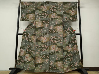 平和屋着物●上質な小紋 紬地 雲取り舞蝶花文 正絹 逸品 CABA8147ut
