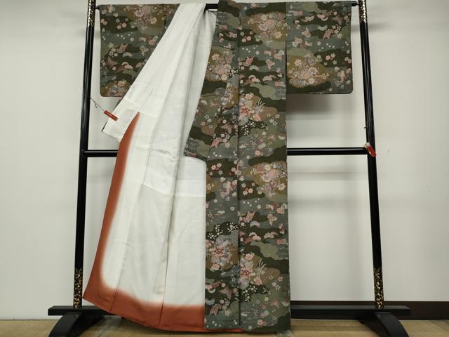 平和屋着物●上質な小紋 紬地 雲取り舞蝶花文 正絹 逸品 CABA8147ut
