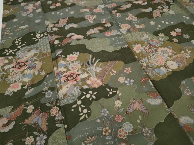 平和屋着物●上質な小紋 紬地 雲取り舞蝶花文 正絹 逸品 CABA8147ut