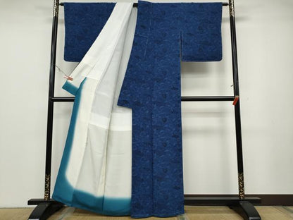 平和屋着物●上質な小紋 作家物 藍 型染め 遠山草花文 鬼しぼ縮緬 正絹 逸品 CABA8171ut