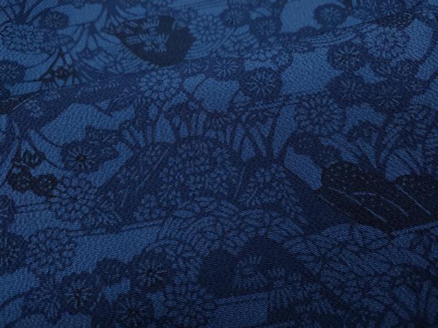 平和屋着物●上質な小紋 作家物 藍 型染め 遠山草花文 鬼しぼ縮緬 正絹 逸品 CABA8171ut