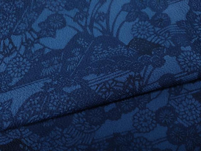 平和屋着物●上質な小紋 作家物 藍 型染め 遠山草花文 鬼しぼ縮緬 正絹 逸品 CABA8171ut