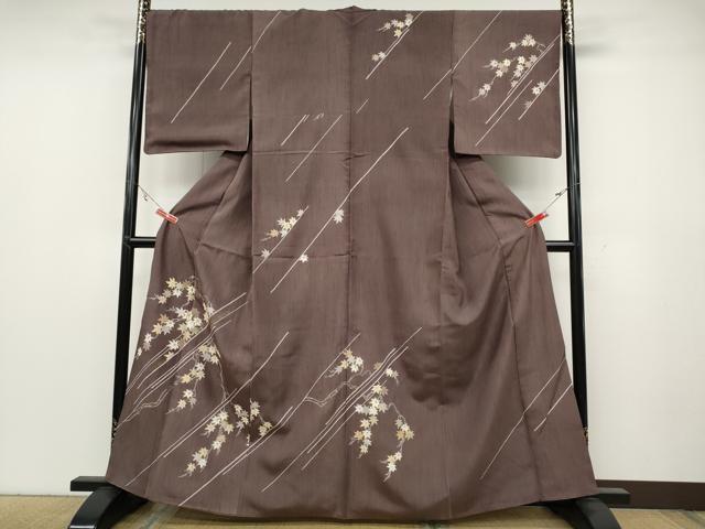 平和屋着物●訪問着 紬地 駒刺繍 枝楓文 金糸 正絹 逸品 CABA8179ut