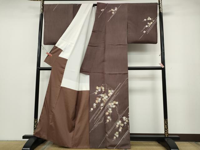平和屋着物●訪問着 紬地 駒刺繍 枝楓文 金糸 正絹 逸品 CABA8179ut