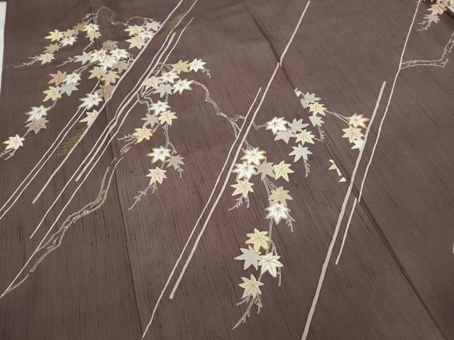 平和屋着物●訪問着 紬地 駒刺繍 枝楓文 金糸 正絹 逸品 CABA8179ut