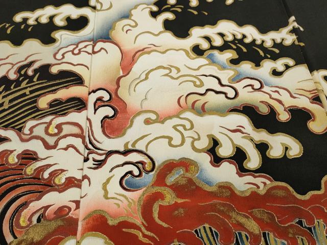 平和屋着物●セミアンティーク　黒留袖　刺繍　立波文　金彩　正絹　逸品　CABA8188ut