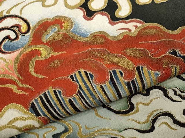 平和屋着物●セミアンティーク　黒留袖　刺繍　立波文　金彩　正絹　逸品　CABA8188ut