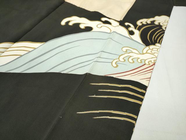 平和屋着物●セミアンティーク　黒留袖　刺繍　立波文　金彩　正絹　逸品　CABA8188ut