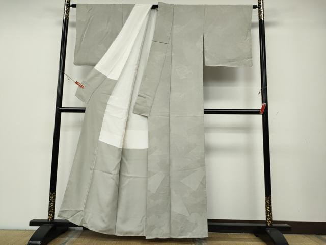 平和屋着物○上質な色無地 切嵌立波地紋 灰黄緑色 正絹