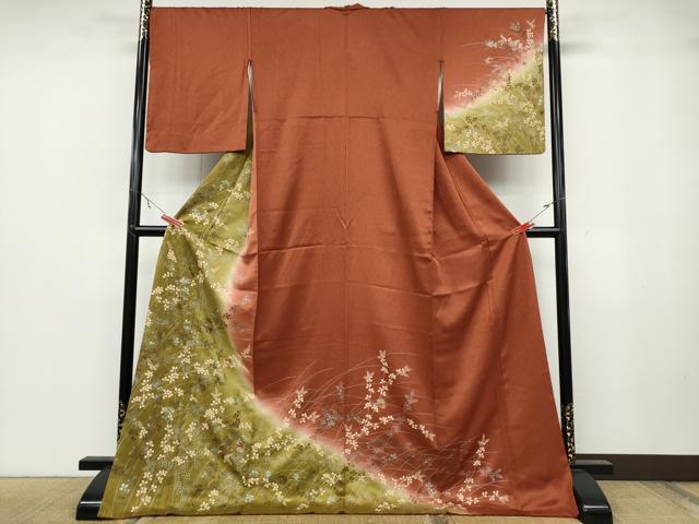 平和屋着物●訪問着　刺繍　舞蝶草葉文　暈し染め　銀彩　ロング丈　正絹　逸品　CABA8390ut 平和屋着物○訪問着 刺繍 舞蝶草葉文 暈し染め 銀彩
