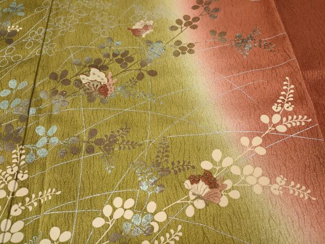 平和屋着物○訪問着 刺繍 舞蝶草葉文 暈し染め 銀彩