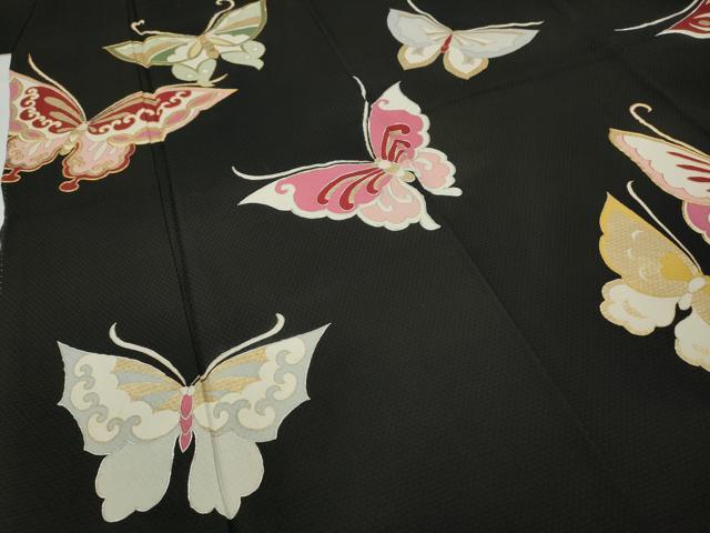 平和屋着物●セミアンティーク　訪問着　駒刺繍　舞蝶文　黒地　金彩　正絹　逸品　CABA8400ut