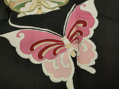 平和屋着物●セミアンティーク　訪問着　駒刺繍　舞蝶文　黒地　金彩　正絹　逸品　CABA8400ut