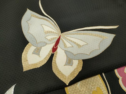 平和屋着物●セミアンティーク　訪問着　駒刺繍　舞蝶文　黒地　金彩　正絹　逸品　CABA8400ut