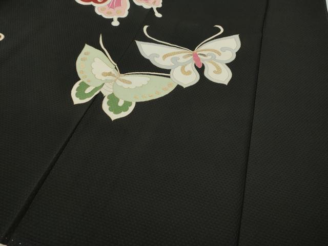 平和屋着物●セミアンティーク　訪問着　駒刺繍　舞蝶文　黒地　金彩　正絹　逸品　CABA8400ut