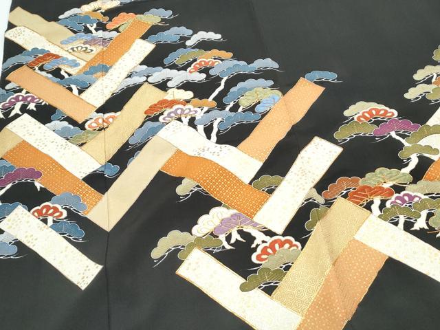 平和屋着物▼豪華黒留袖　駒刺繍　吉祥枝松文　金彩　正絹　逸品　CABA8551th