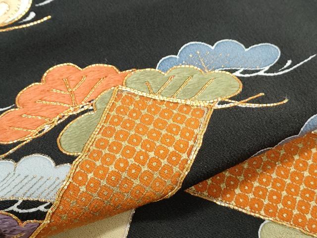平和屋着物▼豪華黒留袖　駒刺繍　吉祥枝松文　金彩　正絹　逸品　CABA8551th