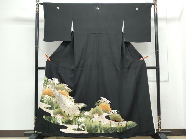 平和屋着物▼豪華黒留袖　刺繍　孔雀笹竹文　金彩　正絹　逸品　CABA8552th