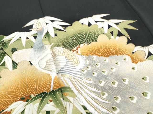 平和屋着物▼豪華黒留袖　刺繍　孔雀笹竹文　金彩　正絹　逸品　CABA8552th