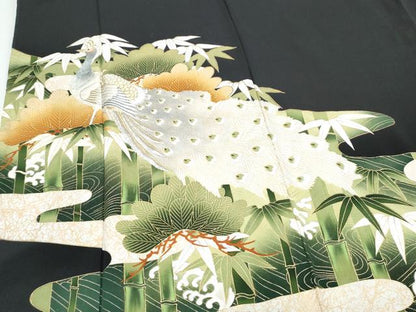 平和屋着物▼豪華黒留袖　刺繍　孔雀笹竹文　金彩　正絹　逸品　CABA8552th