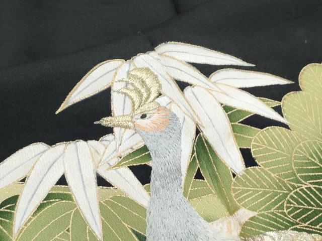 平和屋着物▼豪華黒留袖　刺繍　孔雀笹竹文　金彩　正絹　逸品　CABA8552th