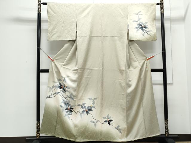 平和屋着物▼訪問着　作家物　手描き　草葉文　暈し染め　正絹　逸品　CABA8711th