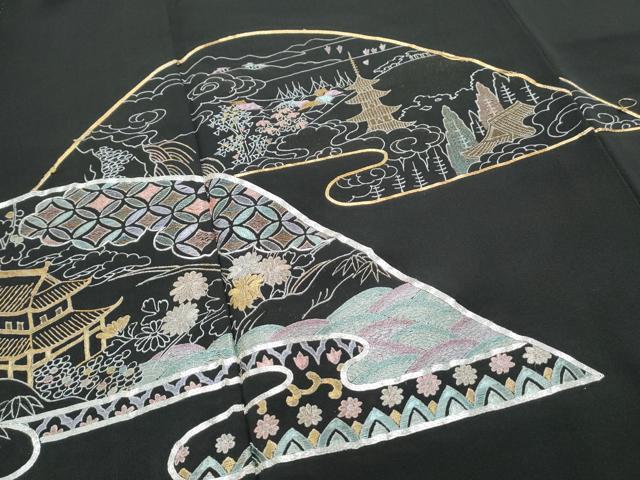平和屋着物▼豪華黒留袖　駒刺繍　遠山風景文　正絹　逸品　CABA8715th
