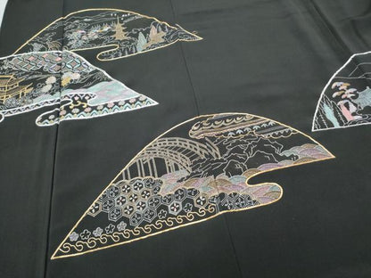 平和屋着物▼豪華黒留袖　駒刺繍　遠山風景文　正絹　逸品　CABA8715th