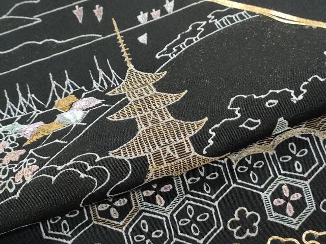 平和屋着物▼豪華黒留袖　駒刺繍　遠山風景文　正絹　逸品　CABA8715th