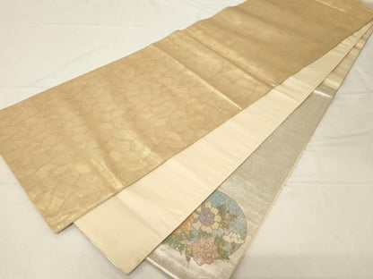 平和屋着物▼太鼓柄袋帯　螺鈿箔　尾長鳥花丸文　金銀糸　正絹　逸品　CABA8810dy