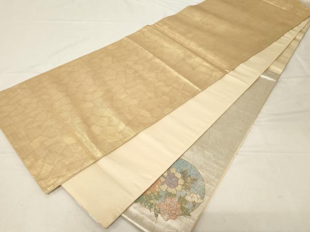 平和屋着物▼太鼓柄袋帯　螺鈿箔　尾長鳥花丸文　金銀糸　正絹　逸品　CABA8810dy