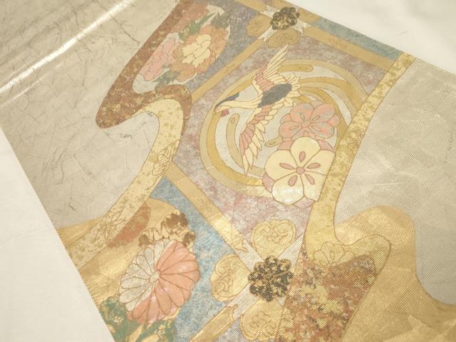 平和屋着物▼太鼓柄袋帯　螺鈿箔　尾長鳥花丸文　金銀糸　正絹　逸品　CABA8810dy