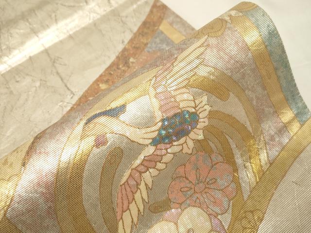 平和屋着物▼太鼓柄袋帯　螺鈿箔　尾長鳥花丸文　金銀糸　正絹　逸品　CABA8810dy