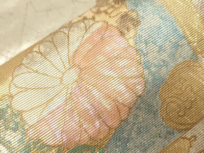 平和屋着物▼太鼓柄袋帯　螺鈿箔　尾長鳥花丸文　金銀糸　正絹　逸品　CABA8810dy